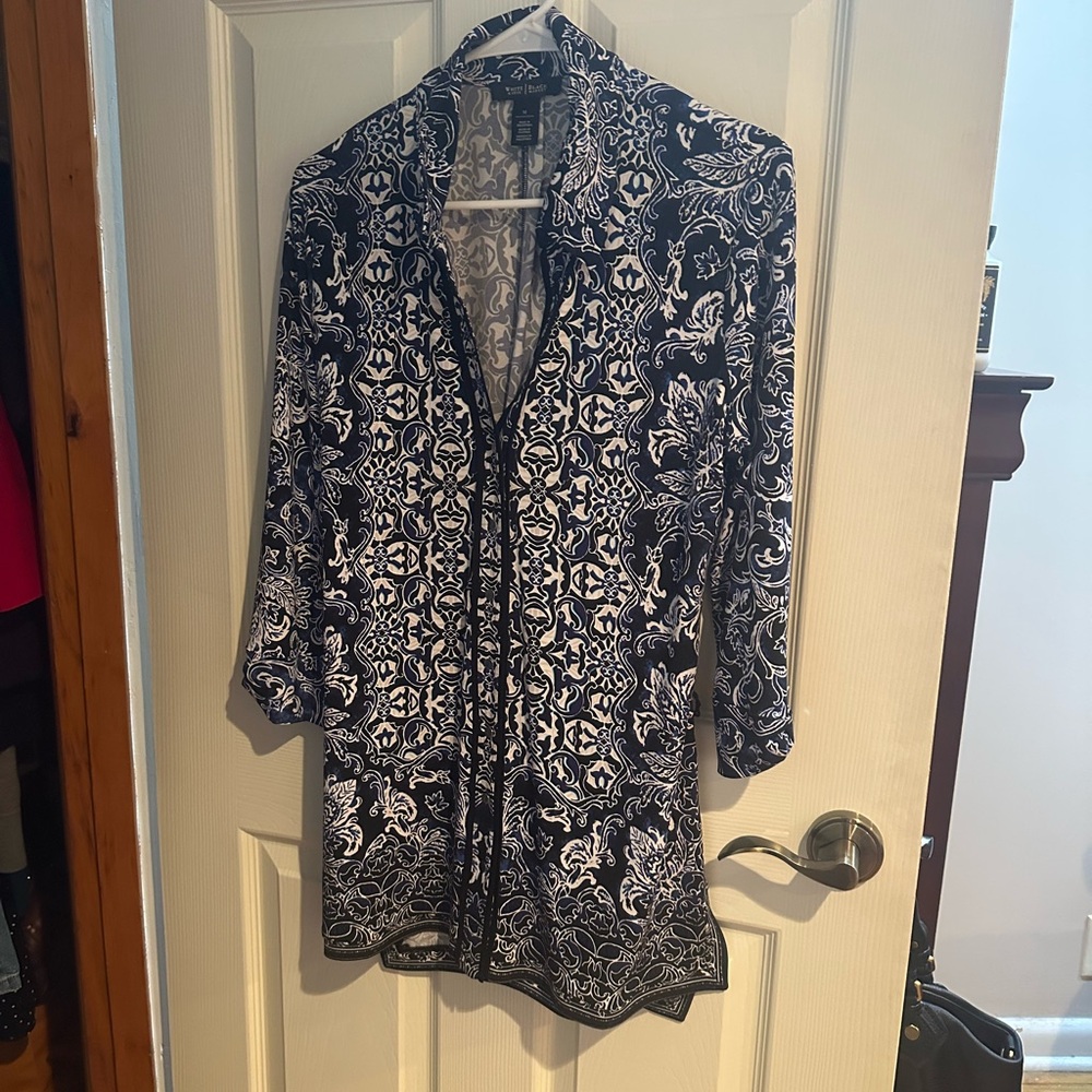 White House Black Market Navy & White Printed Tunic